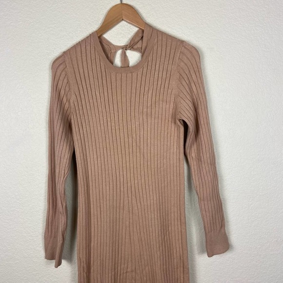 NEW Wayf Ribbed Knit Sweater Dress Midi Tan Cutout Tie Emily x Dede Size Medium - Picture 6 of 10